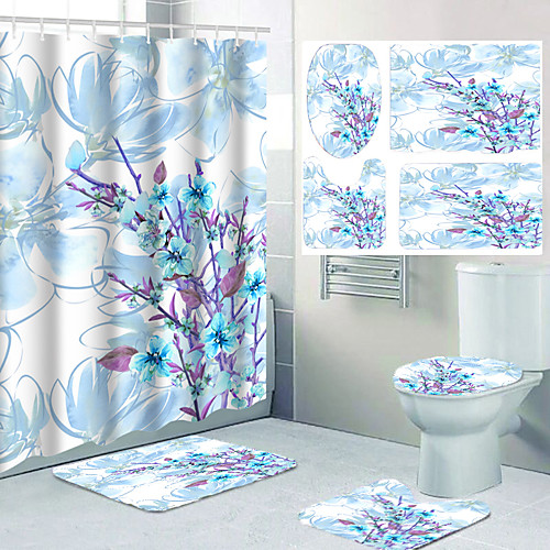 

Flower Pattern Bathroom Waterproof Shower Curtain and Cushion Four-piece Modern Polyester New Design