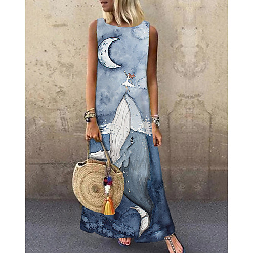 

Women's Shift Dress Maxi long Dress Blue Sleeveless Print Animal Print Spring Summer Round Neck Casual 2021 S M L XL XXL 3XL