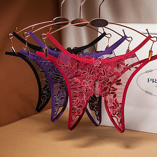 

Women's 1 Piece Mesh / Lace G-strings & Thongs Panties Low Waist Black Purple Wine One-Size