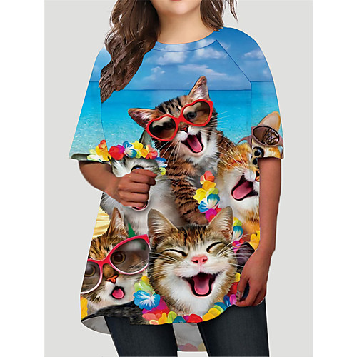 

Women's Plus Size Dresses T Shirt Dress Tee Dress Short Mini Dress Half Sleeve Cat Graphic Animal Print Basic Fall Blue Green Dark Blue XL XXL 3XL 4XL 5XL / Holiday
