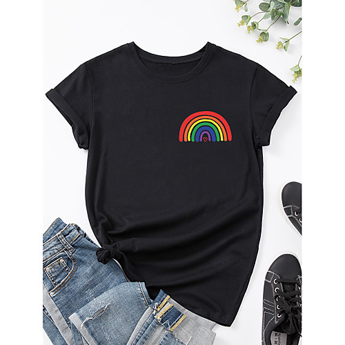 

Women's T shirt Rainbow Graphic Print Round Neck Tops 100% Cotton Basic Basic Top White Black Blue