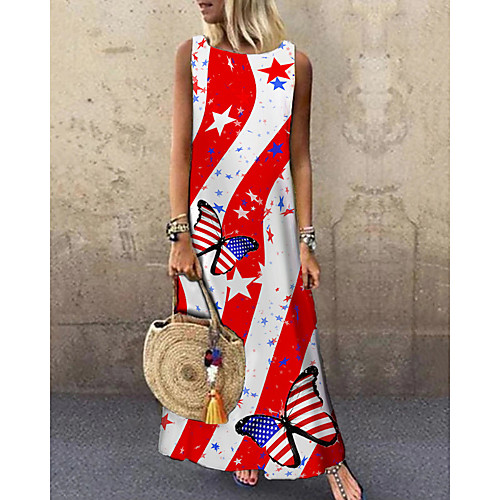 

Women's Shift Dress Maxi long Dress Red Sleeveless Flag Animal Print Spring Summer Round Neck Casual 2021 S M L XL XXL 3XL