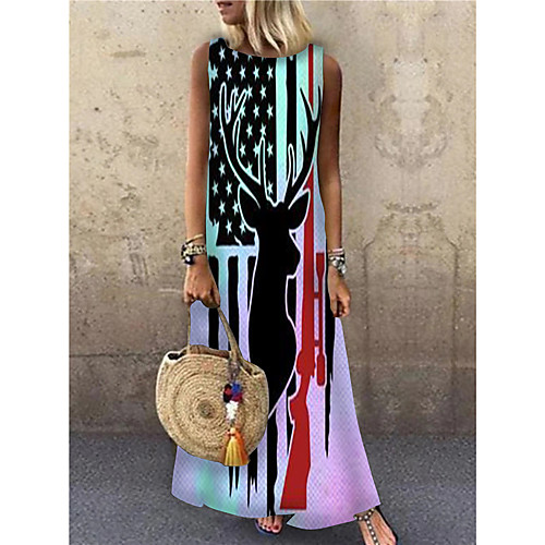 

Women's Shift Dress Maxi long Dress Blue Sleeveless Flag Animal Print Spring Summer Round Neck Casual 2021 S M L XL XXL 3XL