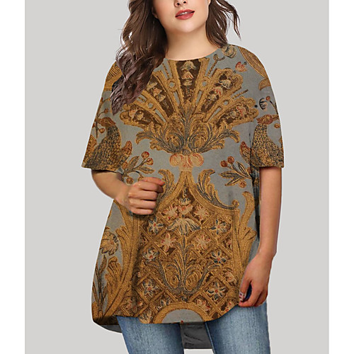 

Women's Plus Size Dresses T Shirt Dress Tee Dress Short Mini Dress Half Sleeve Floral Graphic Print Basic Fall Brown XL XXL 3XL 4XL 5XL / Holiday
