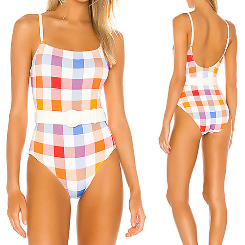 

Women's One Piece Swimsuit Swimwear Bodysuit Breathable Quick Dry Sleeveless Swimming Surfing Water Sports Grid Pattern Summer