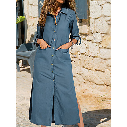 

Women's Denim Dress Maxi long Dress Light Blue Long Sleeve Solid Color Backless Split Lace Spring Summer Round Neck Casual 2021 S M L XL XXL XXXL
