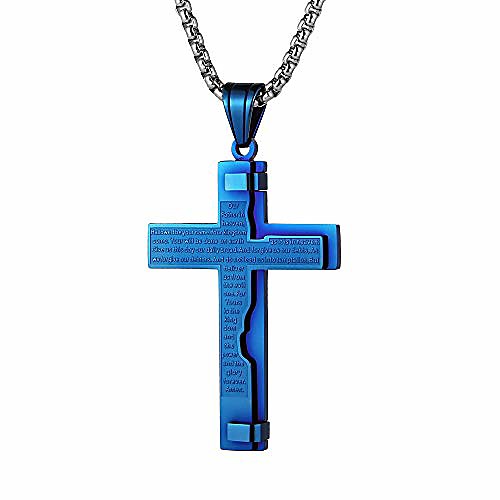 

hzman religion cross lord's prayer stainless steel pendant necklace rolo cable wheat chain (blue)