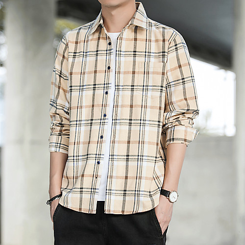 

Men's Shirt Lattice Long Sleeve Daily Tops White Yellow Navy Blue