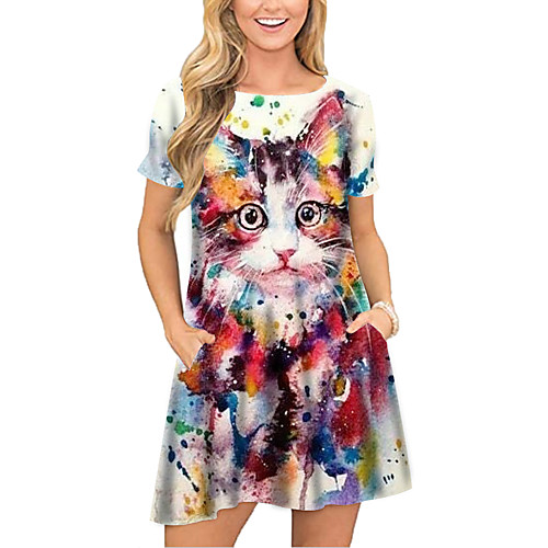 

Women's T Shirt Dress Tee Dress Short Mini Dress Yellow Short Sleeve Cat Animal Pocket Print Spring Summer Round Neck Casual 2021 S M L XL XXL 3XL