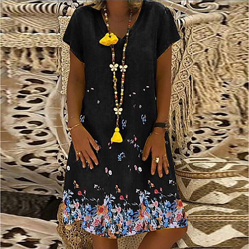

2021ebay women's clothing amazon popular short-sleeved v-neck flower print loose cotton and linen british style dress