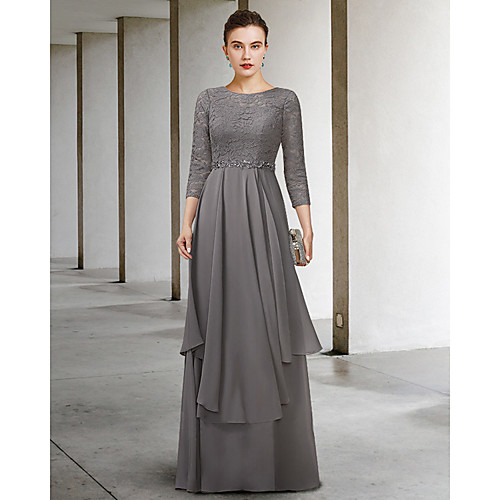 

A-Line Mother of the Bride Dress Elegant Jewel Neck Floor Length Chiffon Lace Half Sleeve with Pleats Ruffles 2021