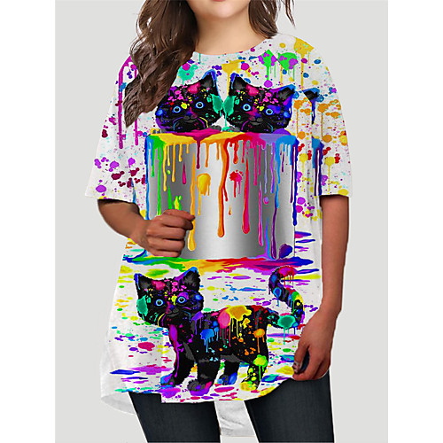 

Women's Plus Size Dresses T Shirt Dress Tee Dress Short Mini Dress Half Sleeve Cat Graphic Animal Print Basic Fall White XL XXL 3XL 4XL 5XL / Holiday