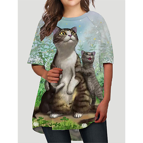 

Women's Plus Size Dresses T Shirt Dress Tee Dress Short Mini Dress Half Sleeve Cat Graphic Animal Print Basic Fall Gray XL XXL 3XL 4XL 5XL / Holiday