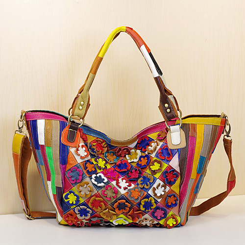 

fashion new leather handbags cowhide colorful flowers hit color personality big bags handmade trendy bags messenger casual women's bags