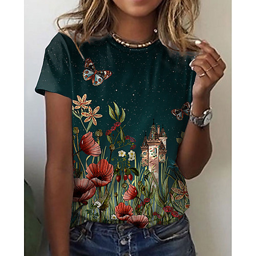 

Women's T shirt Floral Graphic Print Round Neck Tops Basic Basic Top Green