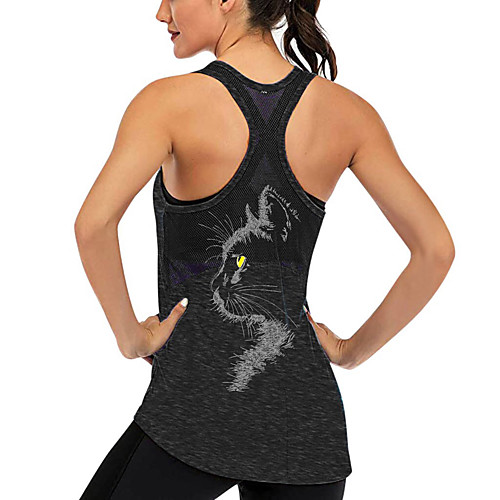 

Women's Yoga Top Racerback Patchwork 3D Cartoon Dark Grey Black Purple Burgundy Dark Green Mesh Cotton Fitness Gym Workout Running Tank Top T Shirt Sport Activewear Lightweight Breathable Quick Dry