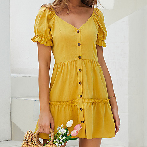 

Women's Sundress Short Mini Dress Yellow Short Sleeve Solid Color Ruched Summer V Neck Casual Cotton 2021 M L XL XXL