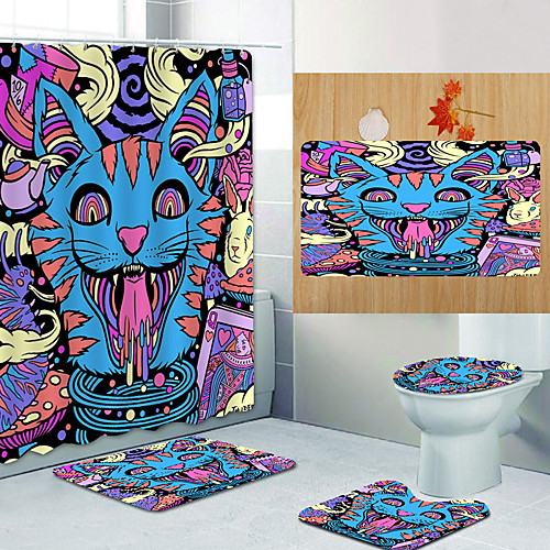 

Photo Cat And Tiger Digital Printing Four-piece Set Shower Curtains and Hooks Modern Polyester Machine Made Waterproof Bathroom