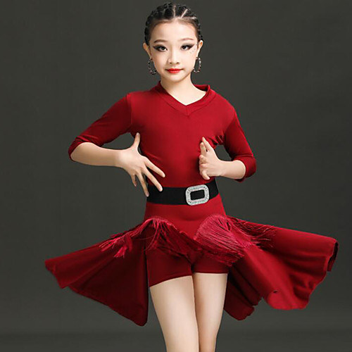 

Latin Dance Dress Pleats Tassel Solid Girls' Training Performance Half Sleeve High Spandex