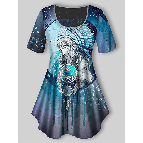 

Women's Plus Size Print Graphic Portrait T shirt Large Size Crewneck Short Sleeve Basic Tops XL XXL 3XL Blue Big Size