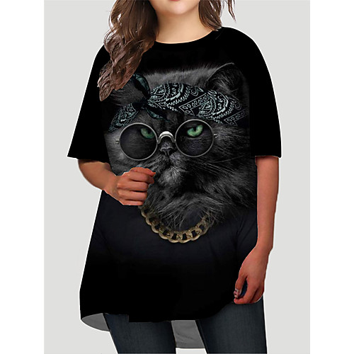 

Women's Plus Size Dresses T Shirt Dress Tee Dress Short Mini Dress Half Sleeve Cat Graphic Animal Print Basic Fall Black XL XXL 3XL 4XL 5XL / Holiday