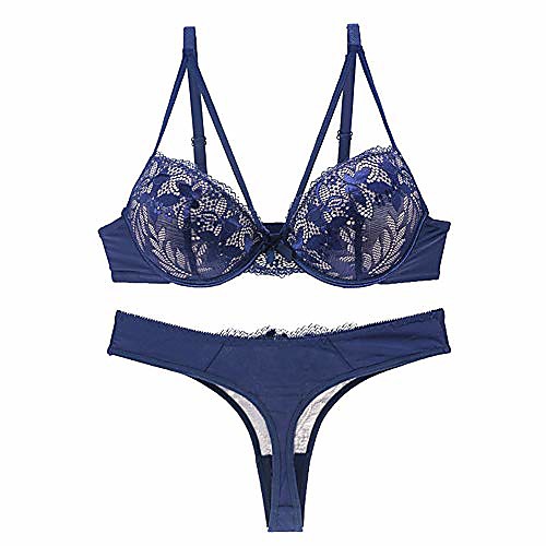 

varsmiss lace hollow bra thong set push up adjusted bras underwear (blue,34a)