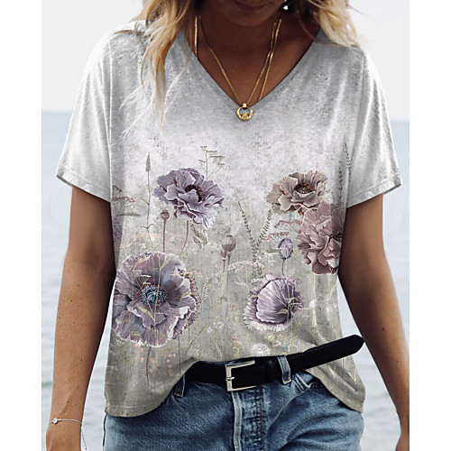 

Women's T shirt Floral Graphic Print V Neck Tops Basic Basic Top White
