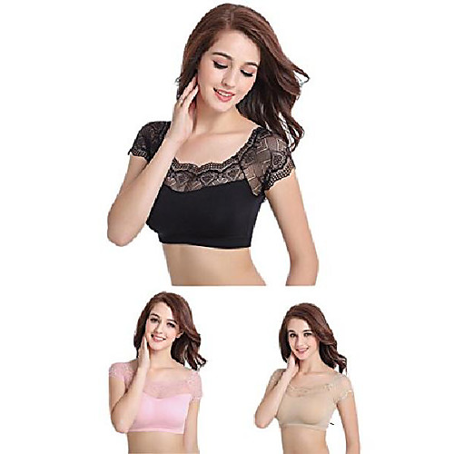 

dreshow lace bralette tank tops lace cap padded stretch yoga sports bra for women(3 pack; black/beige/pink)