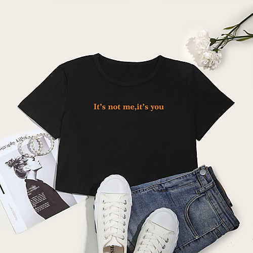 

Women's Crop Tshirt Letter Print Round Neck Tops Cotton Basic Basic Top White Black