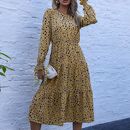 

2021 spring new mid-length skirt yellow leopard chiffon elastic waist temperament commuter hedging printed dress women