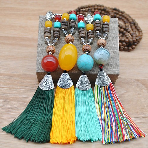 

Women's Turquoise Long Necklace Tassel Artistic European Folk Style Boho Wood Fabric Stone Blue Yellow Green Rainbow 51-80 cm Necklace Jewelry 1pc For Party Evening Street Gift Prom Festival