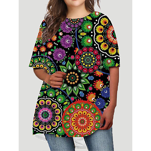 

Women's Plus Size Dresses T Shirt Dress Tee Dress Short Mini Dress Half Sleeve Floral Graphic Print Basic Fall Black XL XXL 3XL 4XL 5XL / Holiday