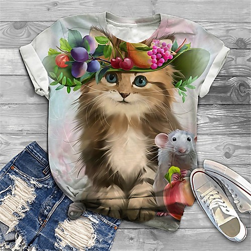 

Women's Plus Size Print Cat Graphic Animal T shirt Large Size Crewneck Short Sleeve Basic Tops XL XXL 3XL White Big Size