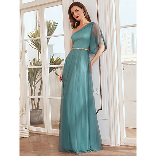 

A-Line One Shoulder Floor Length Chiffon Bridesmaid Dress with Sash / Ribbon