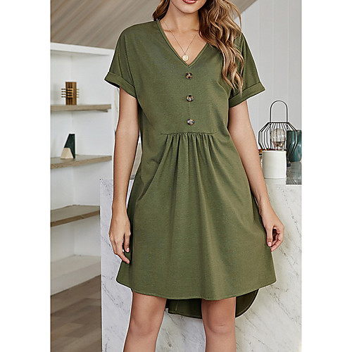 

Women's A Line Dress Knee Length Dress Army Green Short Sleeve Solid Color Patchwork Fall Summer V Neck Elegant Casual 2021 S M L XL