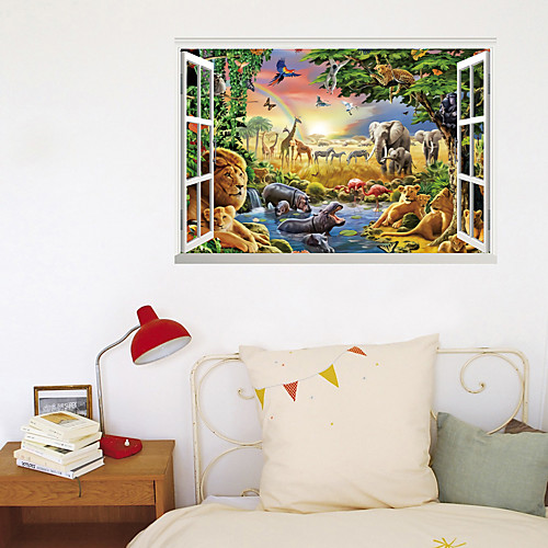

3D Fake Window New Wall Plastering Lion Animal World Home Corridor Background Decoration Can Be Removed Stickers