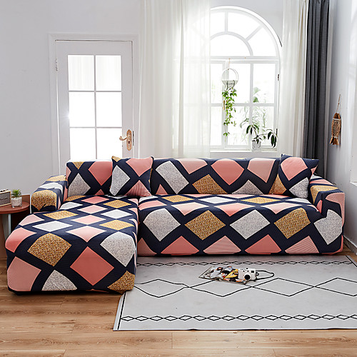 

Pink Plaid Print Dustproof All-powerful Stretch L Shape Sofa Cover Super Soft Fabric Sofa Furniture Protector with One Free Boster Case