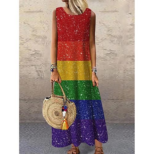 

Women's Shift Dress Maxi long Dress Rainbow Sleeveless Rainbow Striped Print Spring Summer Round Neck Casual 2021 S M L XL XXL 3XL
