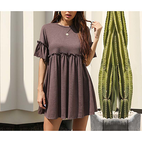 

Women's A Line Dress Short Mini Dress Khaki Half Sleeve Solid Color Summer Round Neck Elegant 2021 S M L XL