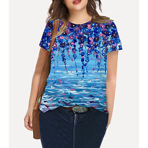 

Women's Plus Size Print Floral Graphic T shirt Large Size Crewneck Short Sleeve Basic Tops XL XXL 3XL Blue Big Size