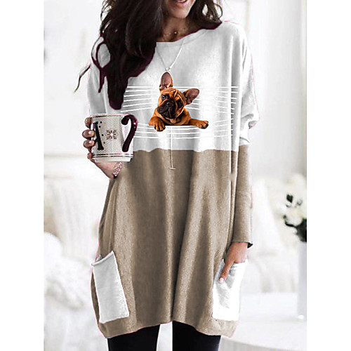 

Women's T shirt Dog Graphic Animal Long Sleeve Pocket Round Neck Tops 100% Cotton Basic Basic Top Black Orange Khaki