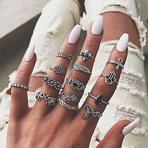 

beryuan gem stone god hand vintage silver knuckle ring set gift for her for women girls teens cross ring set 14pcs (silver1)