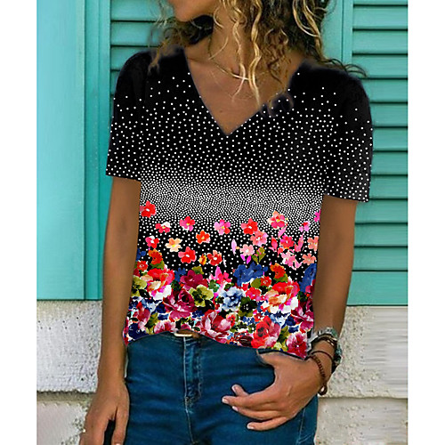 

Women's T shirt Floral Graphic Print V Neck Tops Basic Basic Top Black