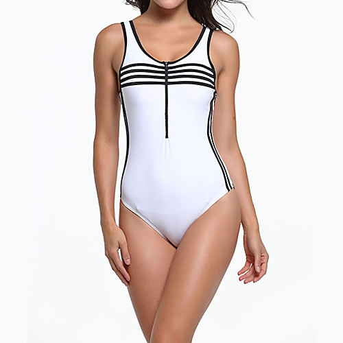 

Women's One Piece Swimsuit Nylon Swimwear Bodysuit Quick Dry Breathable Sleeveless Front Zip - Swimming Surfing Water Sports Stripes Summer