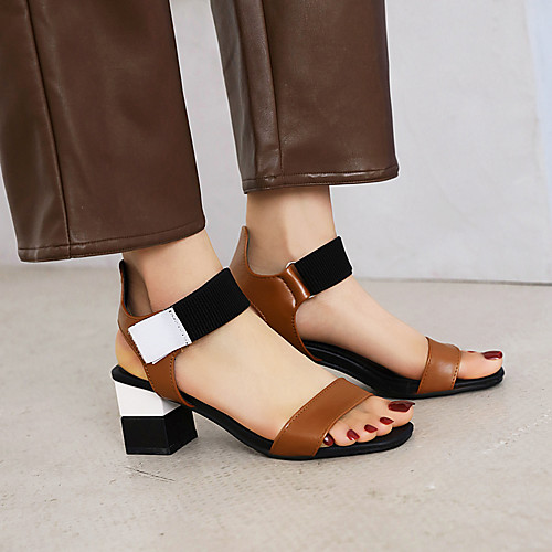 

Women's Sandals Block Heel Square Toe PU Color Block Light Yellow Black Blue
