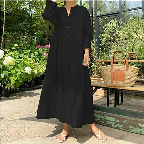 

Women's A Line Dress Midi Dress Black Wine Beige Long Sleeve Solid Color Patchwork Fall Spring Shirt Collar Casual Cotton 2021 S M L XL XXL 3XL 4XL 5XL