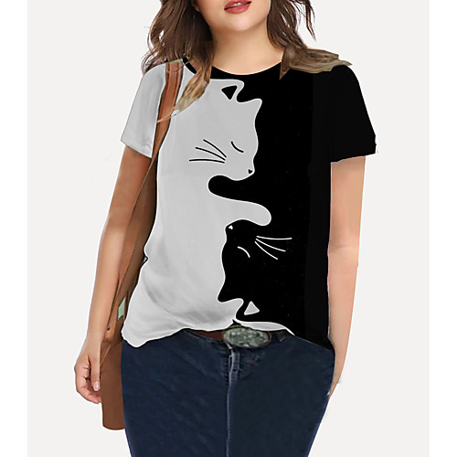 

Women's Plus Size Print Cat Graphic Animal T shirt Large Size Crewneck Short Sleeve Basic Tops XL XXL 3XL Black Big Size