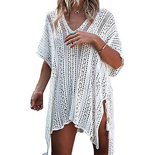 

lisastor women's boho casual v neck hollow crochet slit bikini cover up swimwear knit tunic shirt tops dresses (white)