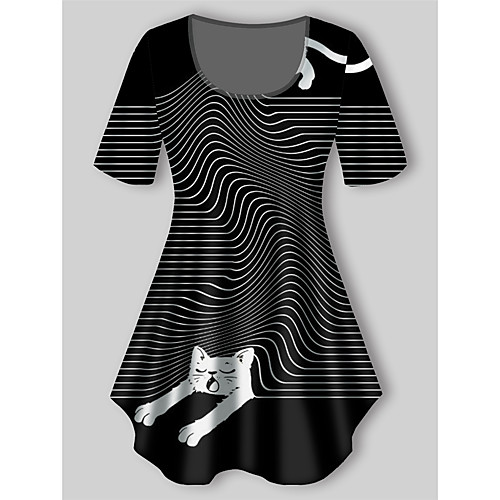 

Women's Plus Size Print Striped Cat Graphic T shirt Large Size Crewneck Short Sleeve Basic Tops XL XXL 3XL Black Big Size
