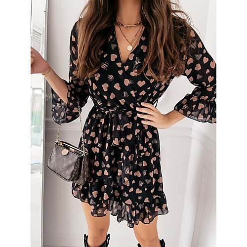 

Women's Chiffon Dress Short Mini Dress White Beige 3/4 Length Sleeve Print Lace up Print Spring Summer V Neck Casual Flare Cuff Sleeve 2021 S M L XL XXL